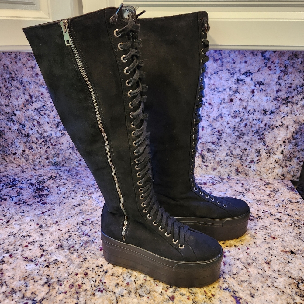 Black Lace-Up Combat Boots with Platform Sole